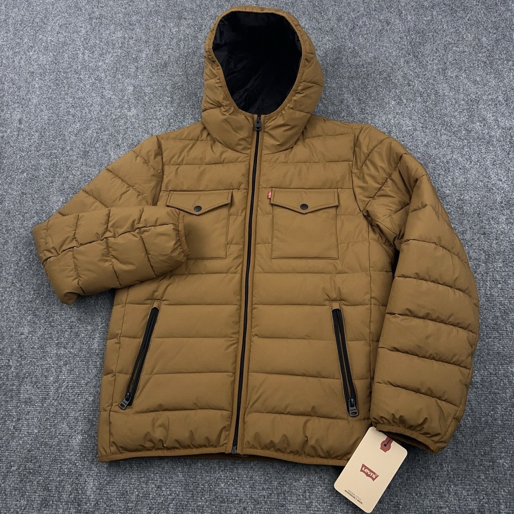 NEW Levi's Hooded 2 Chest Pocket Puffer Jacket Mens Small Worker Brown MSRP $128